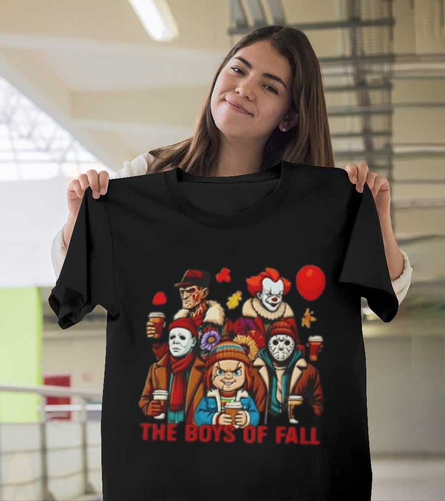 The Boys Of Fall Horror Movie Villains Holding Coffee Autumn Leaves Cartoon Balloons T-Shirt