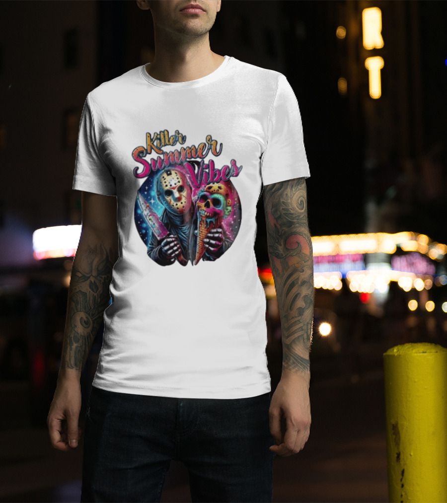 Killer Summer Vibes Hockey Mask Slasher Knife Skull Ice Cream Cone Cosmic T-Shirt