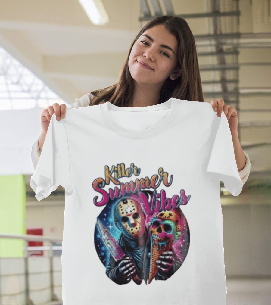 Killer Summer Vibes Hockey Mask Slasher Knife Skull Ice Cream Cone Cosmic T-Shirt