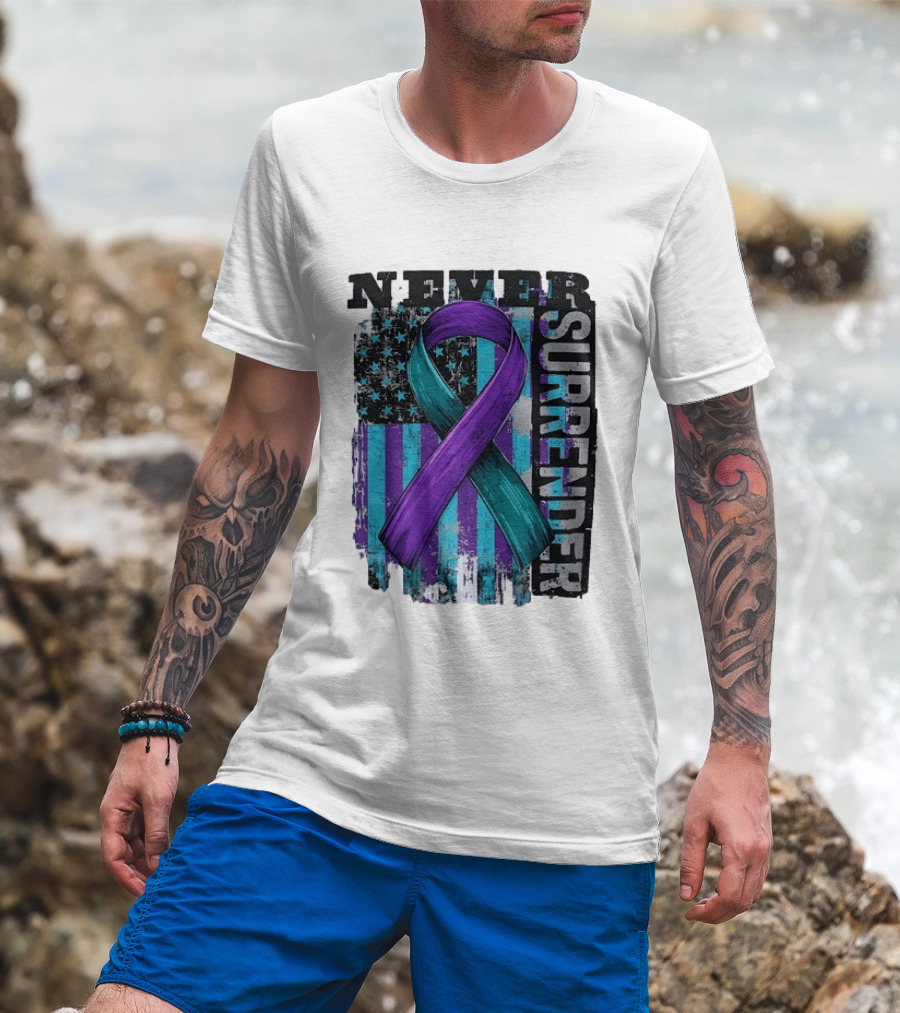 Never Surrender Teal And Purple Awareness Ribbon Distressed Flag T-Shirt