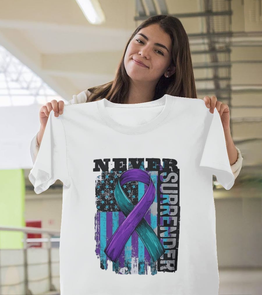 Never Surrender Teal And Purple Awareness Ribbon Distressed Flag T-Shirt