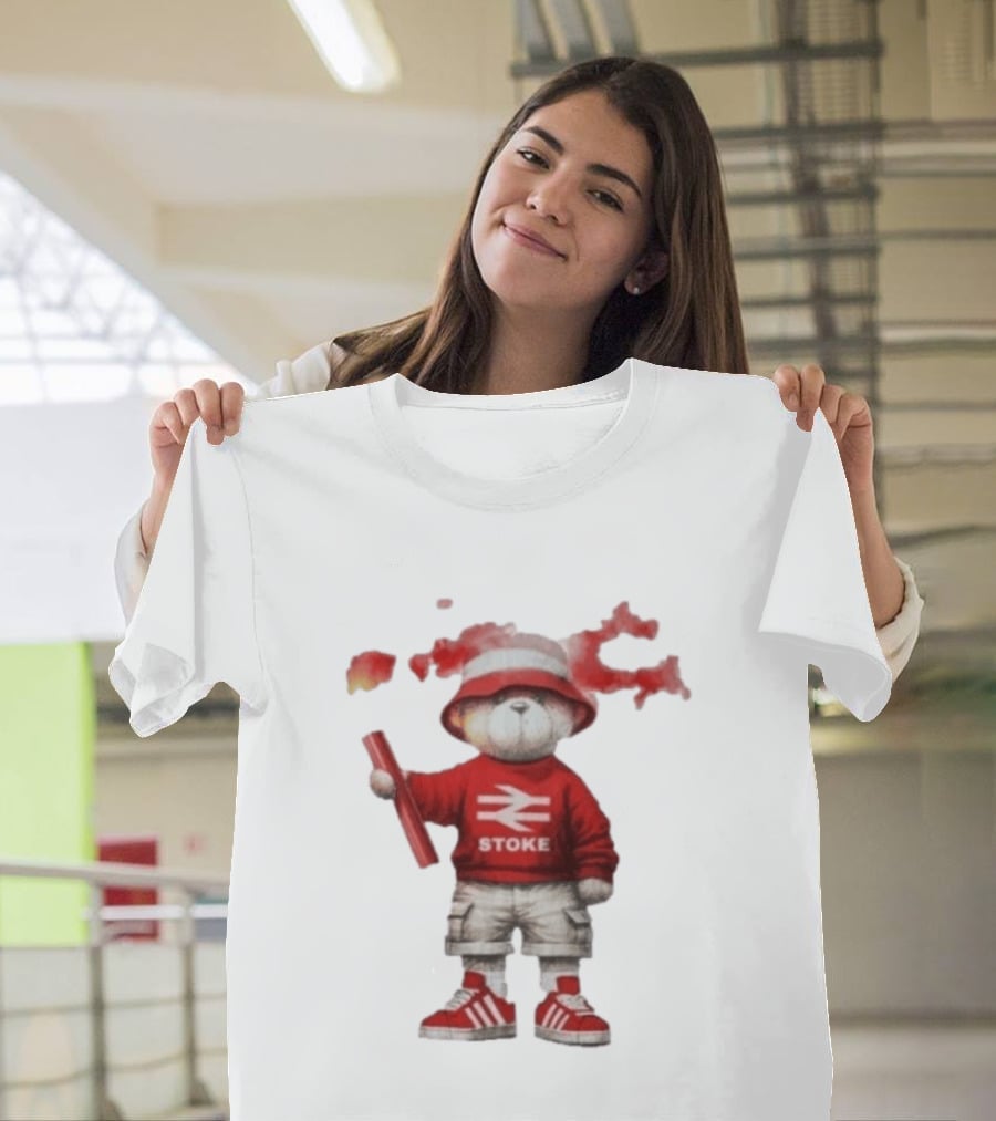 Stoke Awaydays Bear With Flare Football Casuals Railway Logo Bucket Hat Red Sneakers T-Shirt