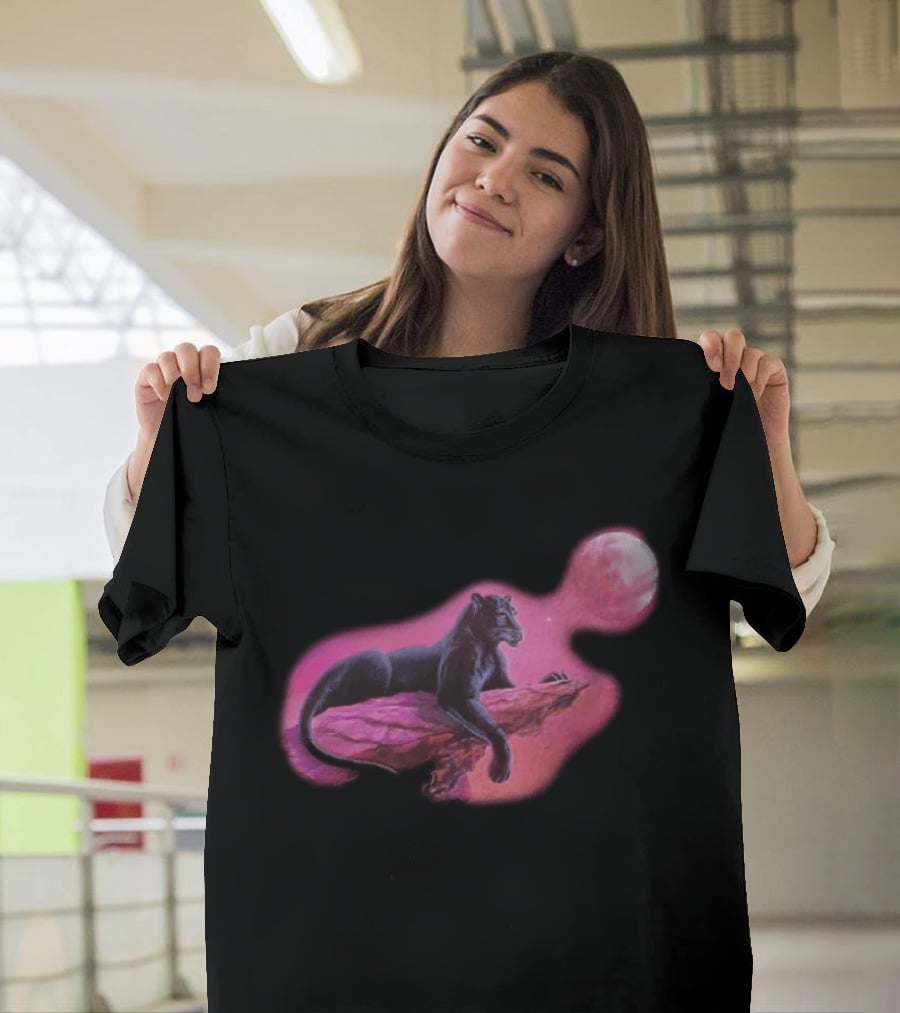 Black Panther On Rock With Pink Moonlit Night Sky T-Shirt