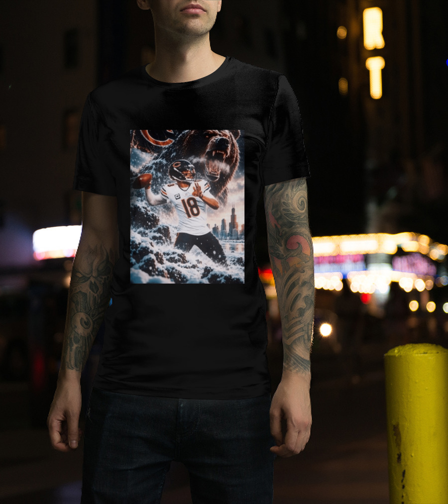 Caleb Williams Chicago Bears Snowy Football Bear Quarterback Number 18 City Skyline T-Shirt