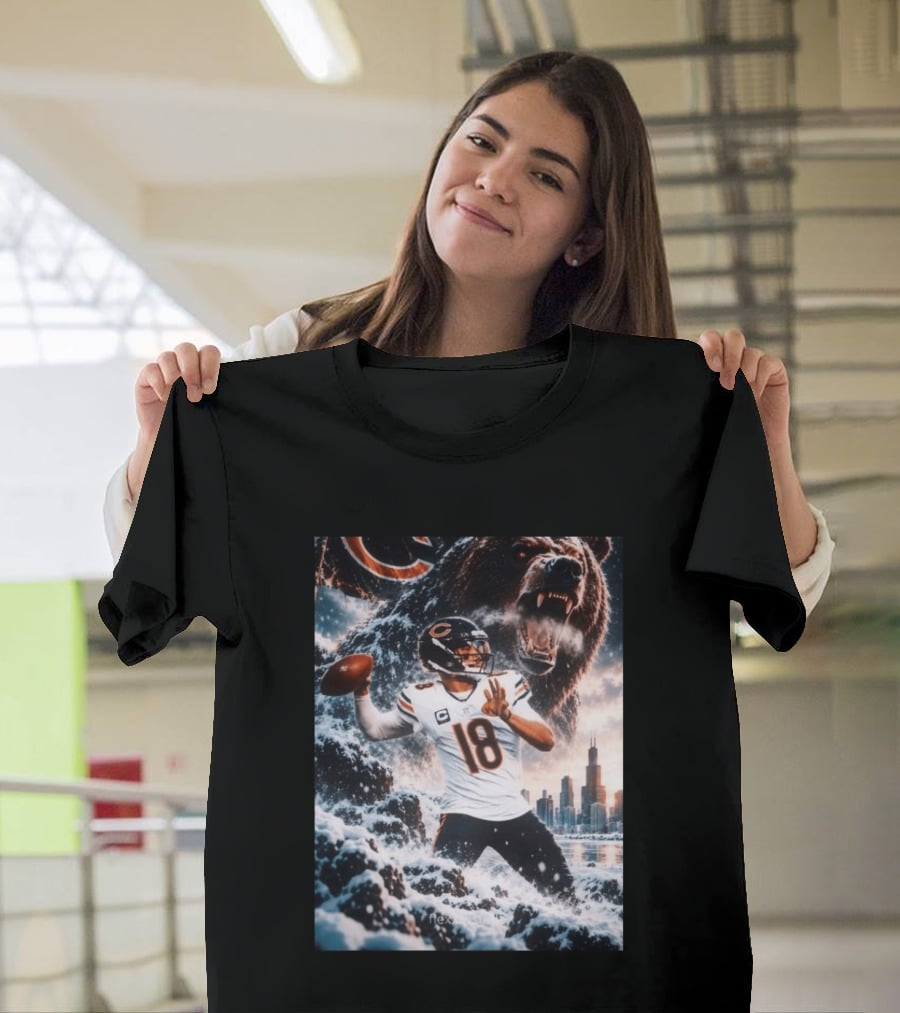 Caleb Williams Chicago Bears Snowy Football Bear Quarterback Number 18 City Skyline T-Shirt