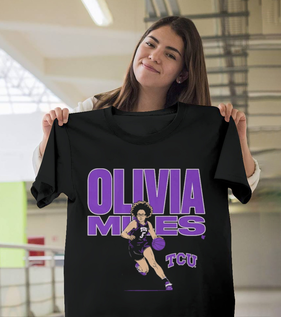 TCU Basketball Olivia Miles Name Pose Purple And White Basketball Player T-Shirt