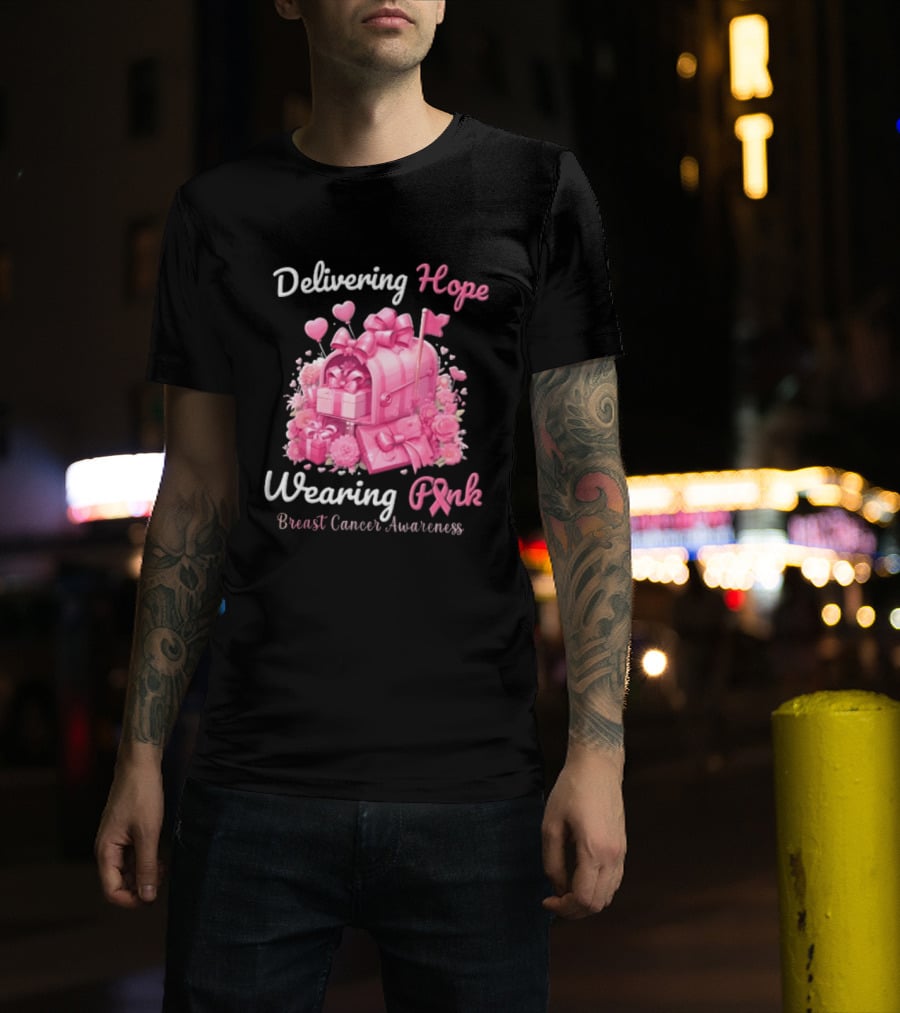 Delivering Hope Wearing Pink Breast Cancer Awareness Mailbox Wrapped Presents Heart Balloons Flowers T-Shirt