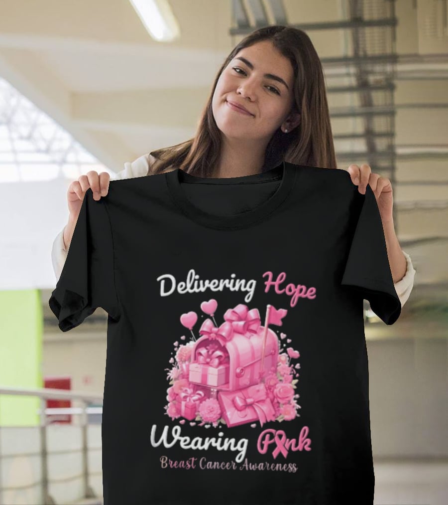 Delivering Hope Wearing Pink Breast Cancer Awareness Mailbox Wrapped Presents Heart Balloons Flowers T-Shirt