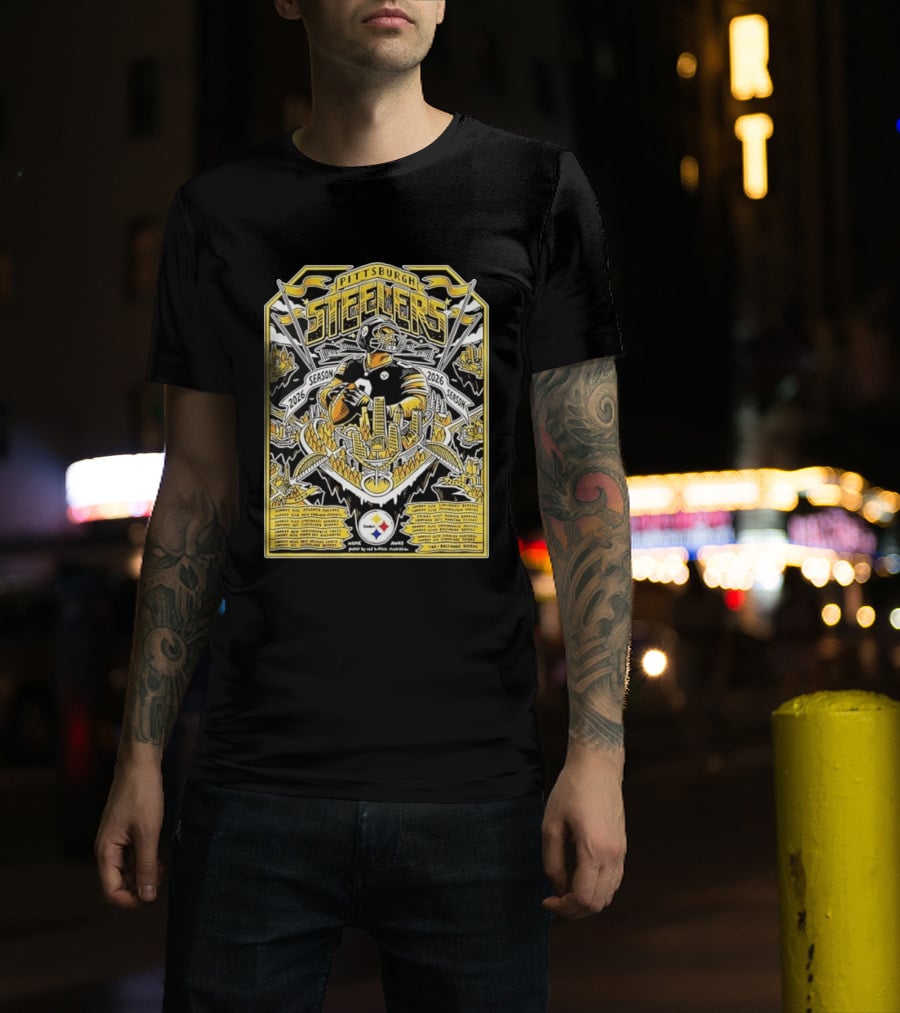 Pittsburgh Steelers 2026 Season Schedule Featuring Iconic Cityscape And Player T-Shirt