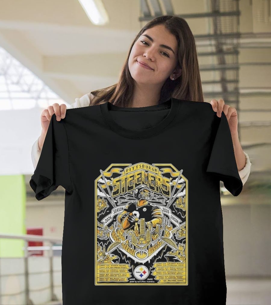 Pittsburgh Steelers 2026 Season Schedule Featuring Iconic Cityscape And Player T-Shirt