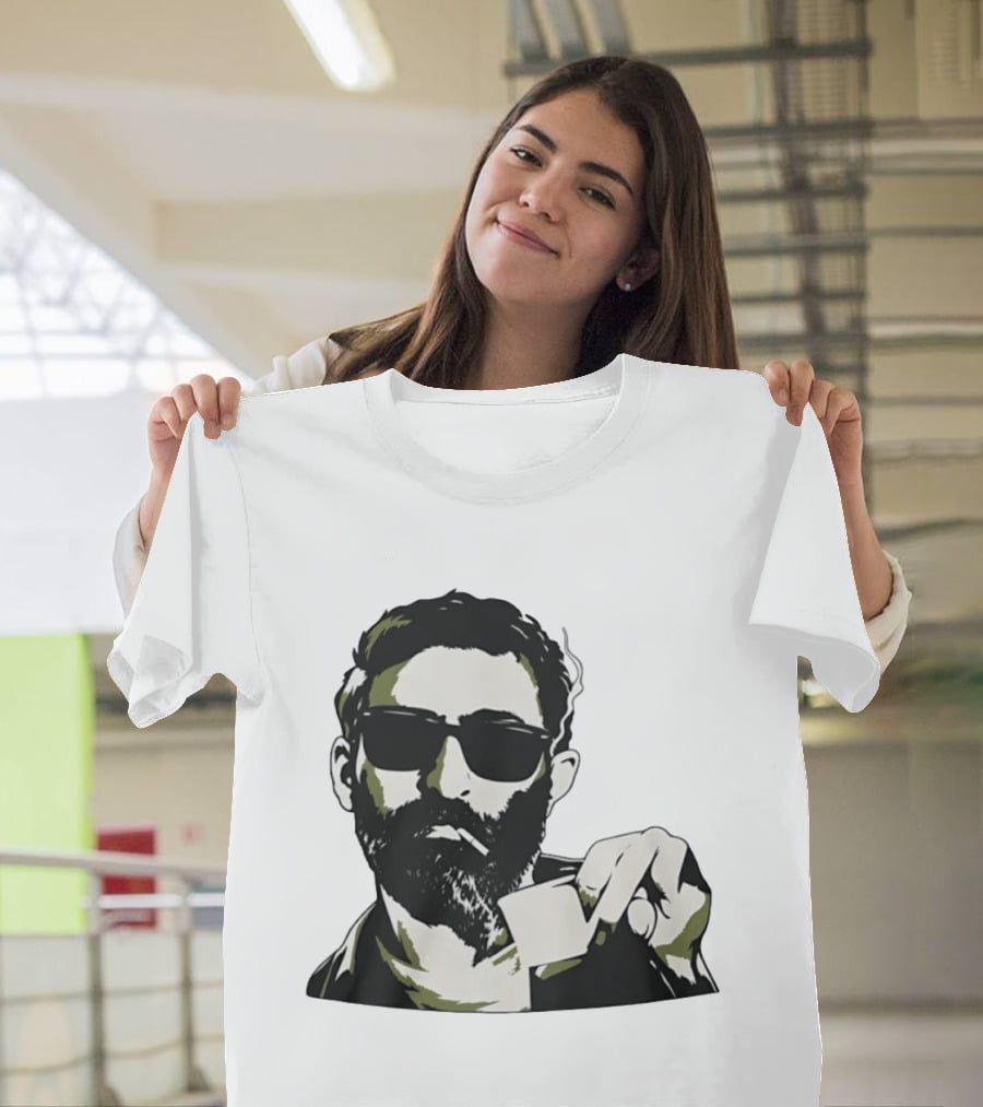 Bearded Man With Sunglasses Smoking Cigarette Holding Blank Card T-Shirt