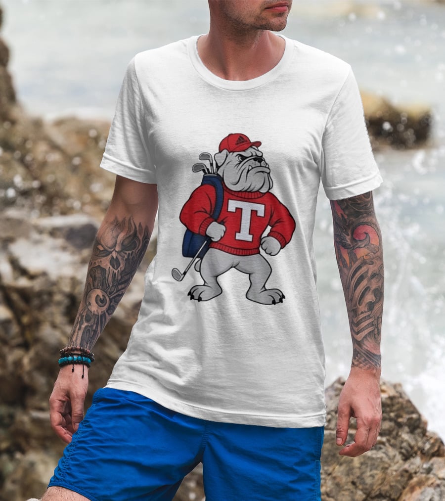 Bulldog Golf Mascot With Letter Sweater And Golf Bag T-Shirt