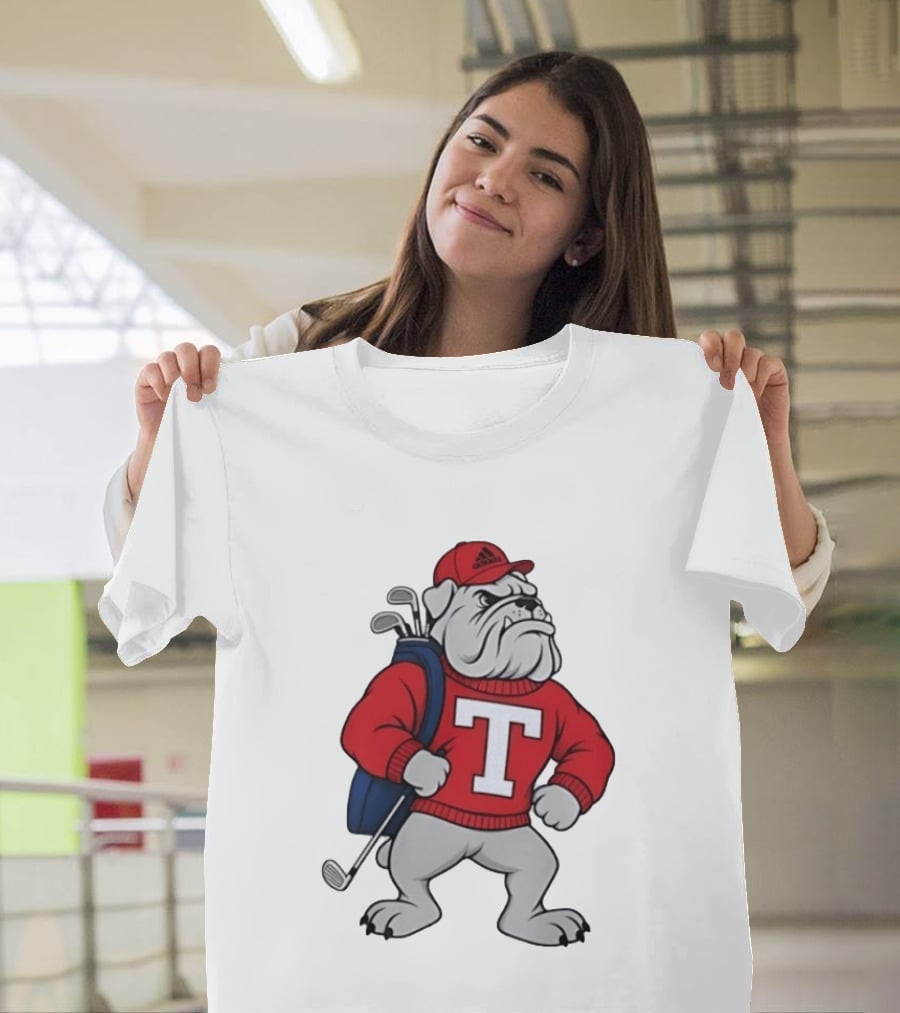 Bulldog Golf Mascot With Letter Sweater And Golf Bag T-Shirt