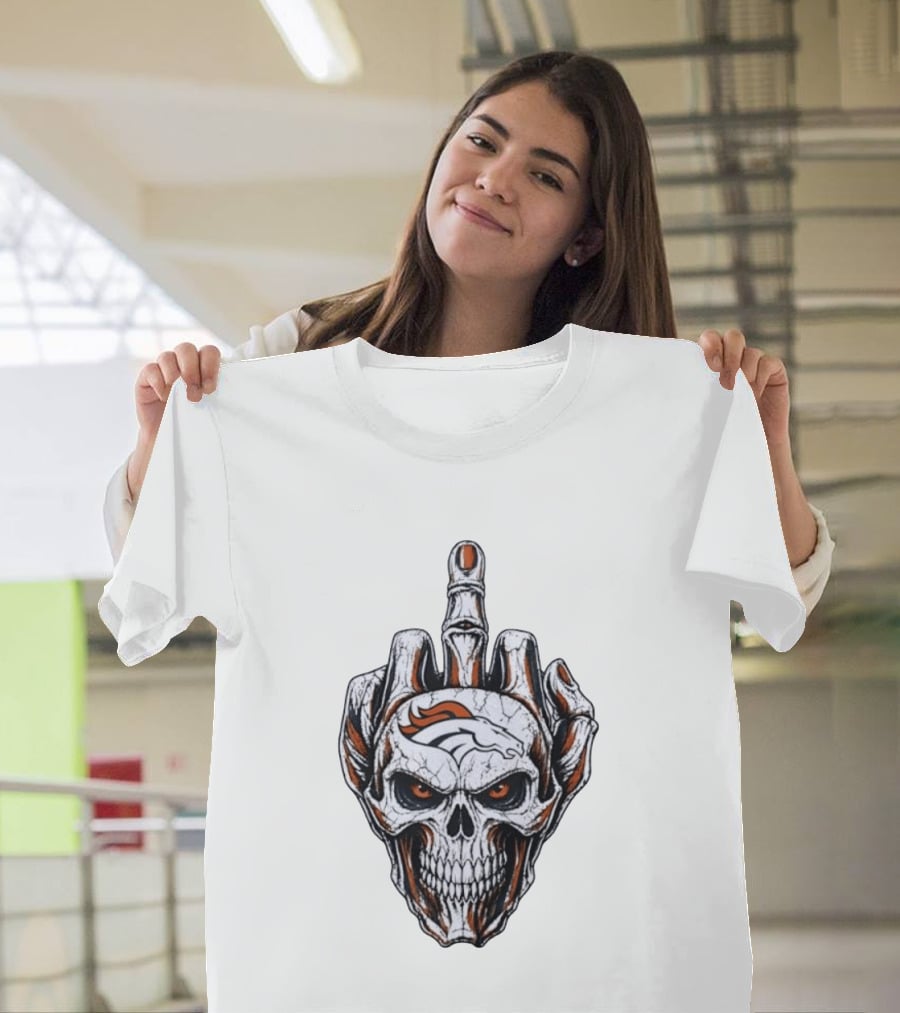 Distressed Denver Broncos Skull With Middle Finger Skeleton Hand T-Shirt