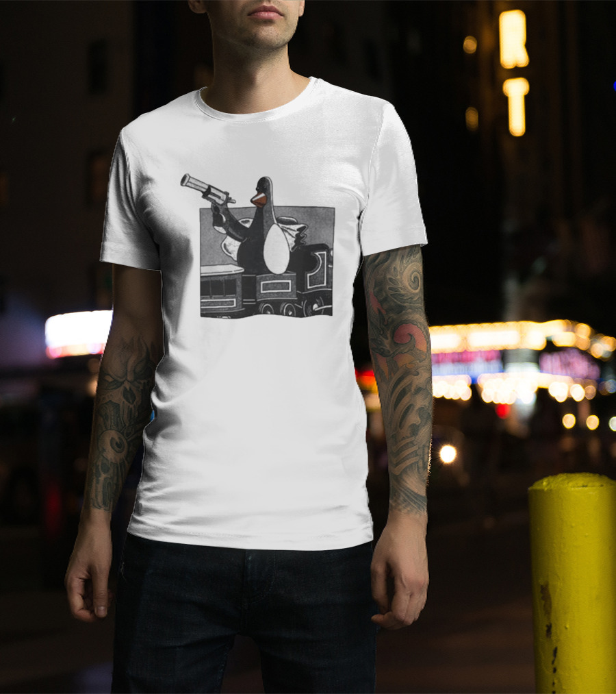 Evil Penguin With Gun On Train Vengeance Most Fowl McGraw T-Shirt