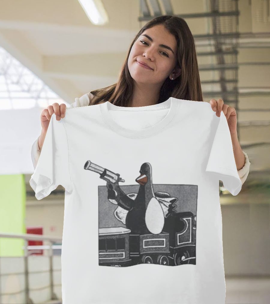Evil Penguin With Gun On Train Vengeance Most Fowl McGraw T-Shirt