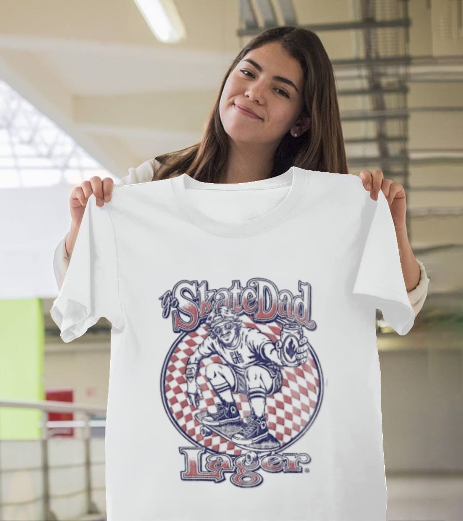Skate Dad Lager Pils Beer Can Checkerboard Skater Riding T-Shirt