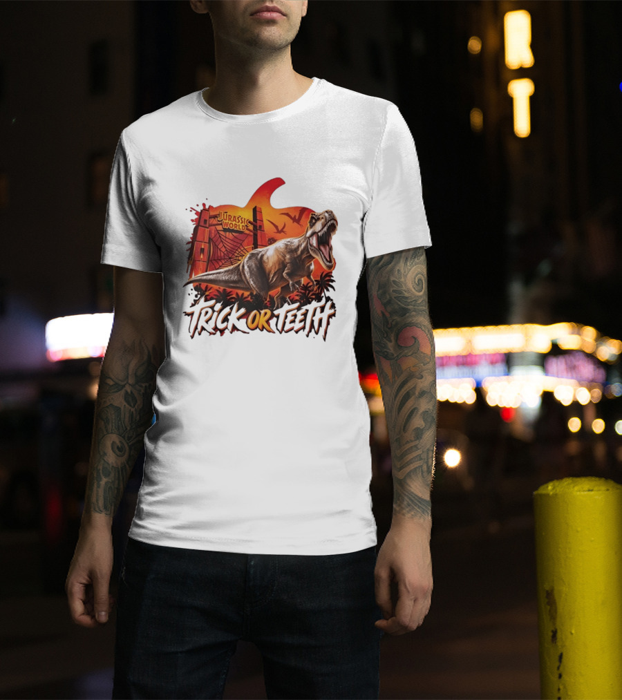 Jurassic World Trick Or Teeth Dinosaur Halloween Pumpkin Gate Rex T-Shirt