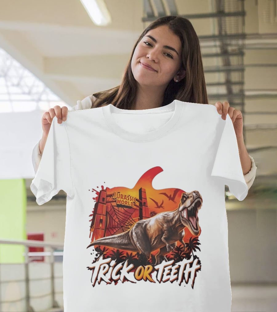 Jurassic World Trick Or Teeth Dinosaur Halloween Pumpkin Gate Rex T-Shirt