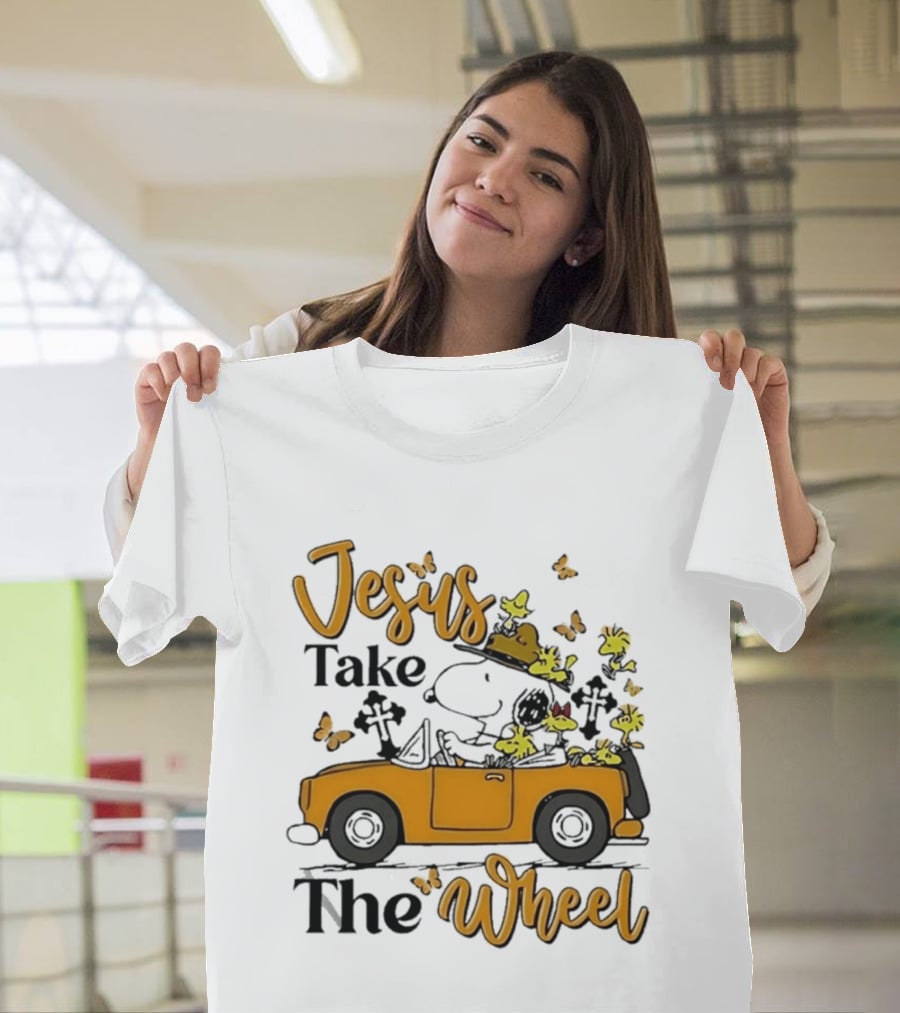 Snoopy Jesus Take The Wheel Butterflies Woodstock Driving Scene T-Shirt