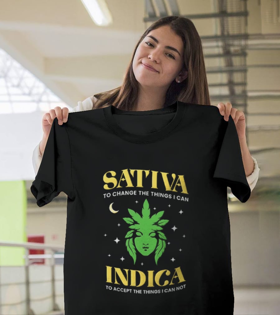 Sativa To Change The Things I Can Indica To Accept The Things I Can Not Moon Stars Cannabis Leaf T-Shirt