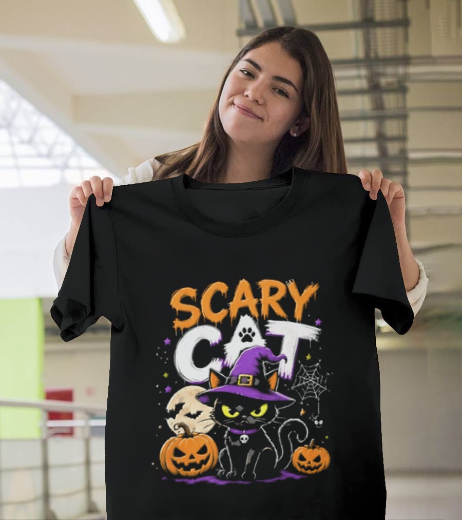 Scary Cat Black Kitten Witch Hat Full Moon Jack O Lanterns Halloween Cartoon T-Shirt
