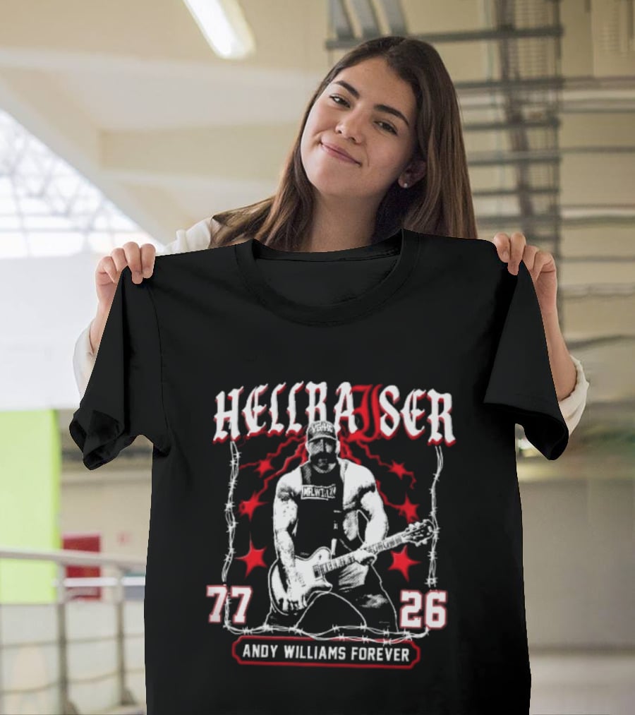 Hellraiser 77 26 Andy Williams Forever Halftone Bearded Guitarist Barbed Wire T-Shirt