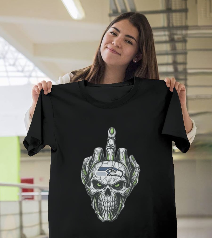 Seattle Seahawks Skull Skeleton Middle Finger Gesture Fan T-Shirt