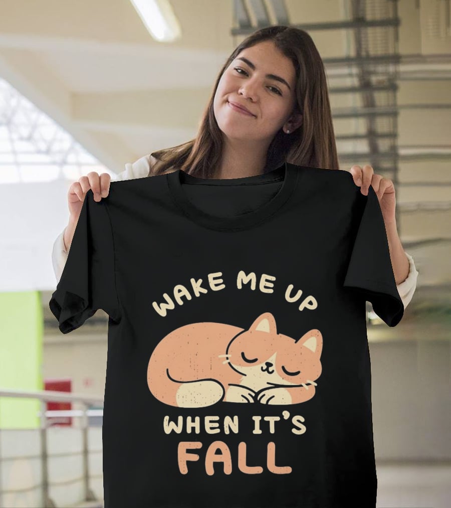 Wake Me Up When It's Fall Sleeping Cat Autumn T-Shirt