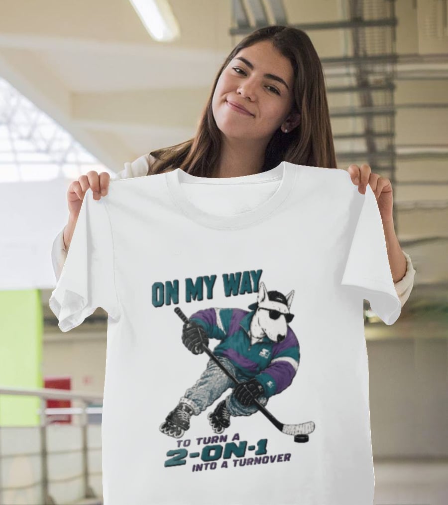 On My Way To Turn A 2 On 1 Into A Turnover Cartoon Bull Terrier Rollerblading Hockey Puck T-Shirt