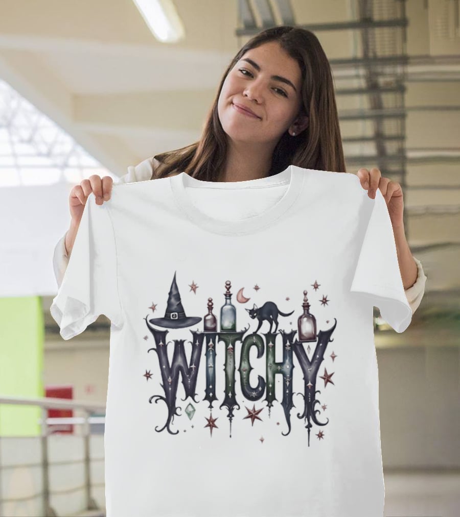 Witchy Halloween Magic With Potion Bottles Cat And Stars T-Shirt