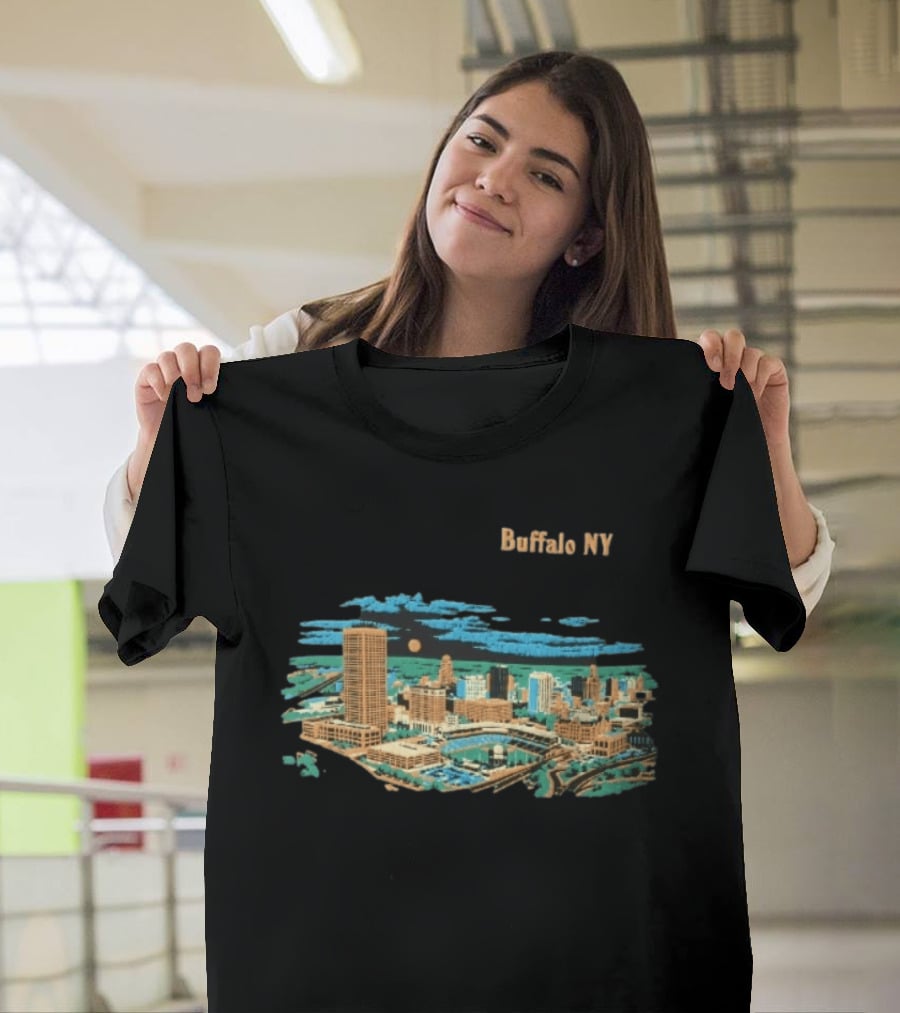Buffalo NY Skyline Cityscape Illustration With Moonlit Clouds T-Shirt