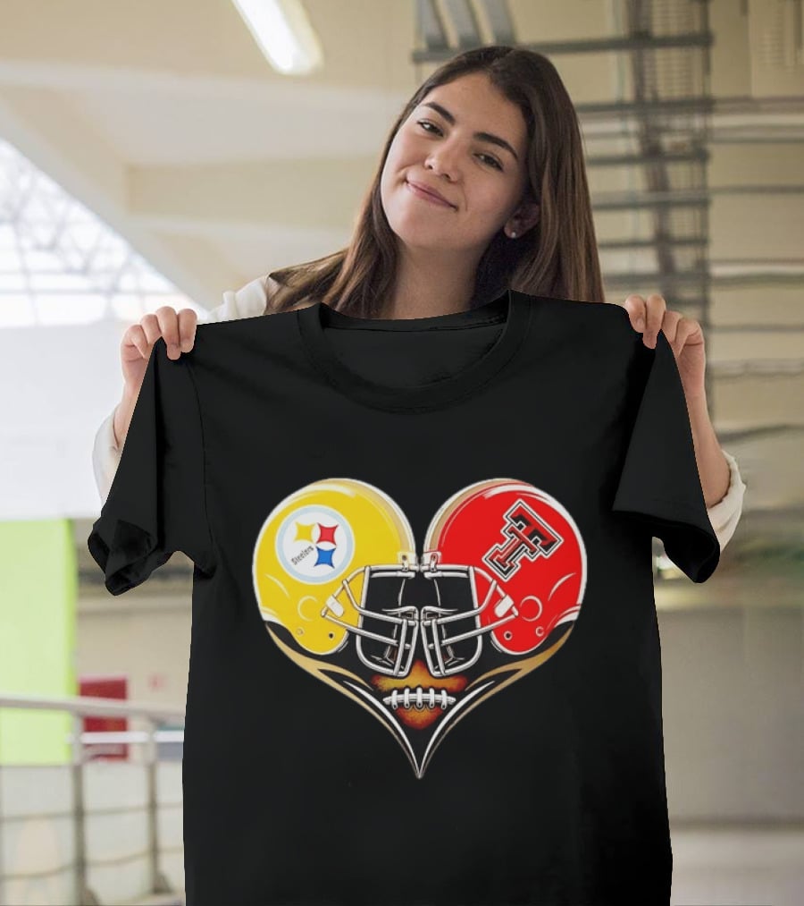 Pittsburgh Steelers Texas Tech Red Raiders Football Helmets Heart T-Shirt