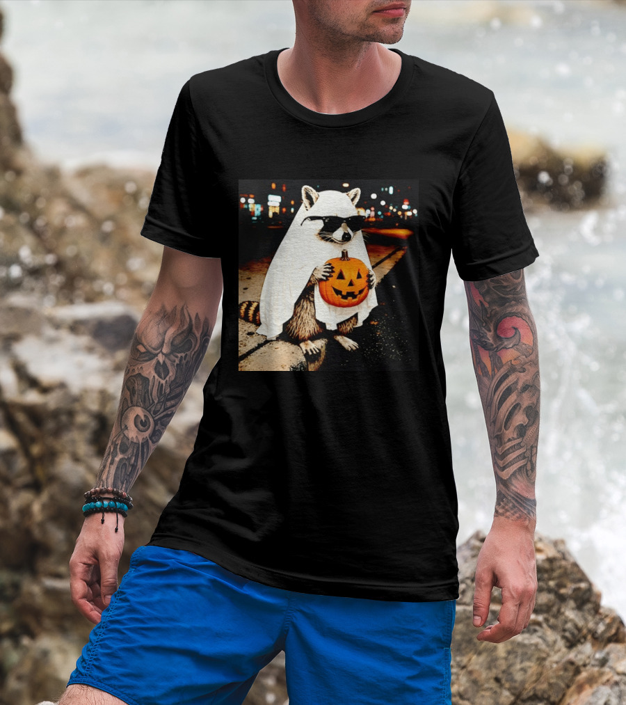 Raccoon Ghost Sunglasses Pumpkin Halloween Street Scene T-Shirt