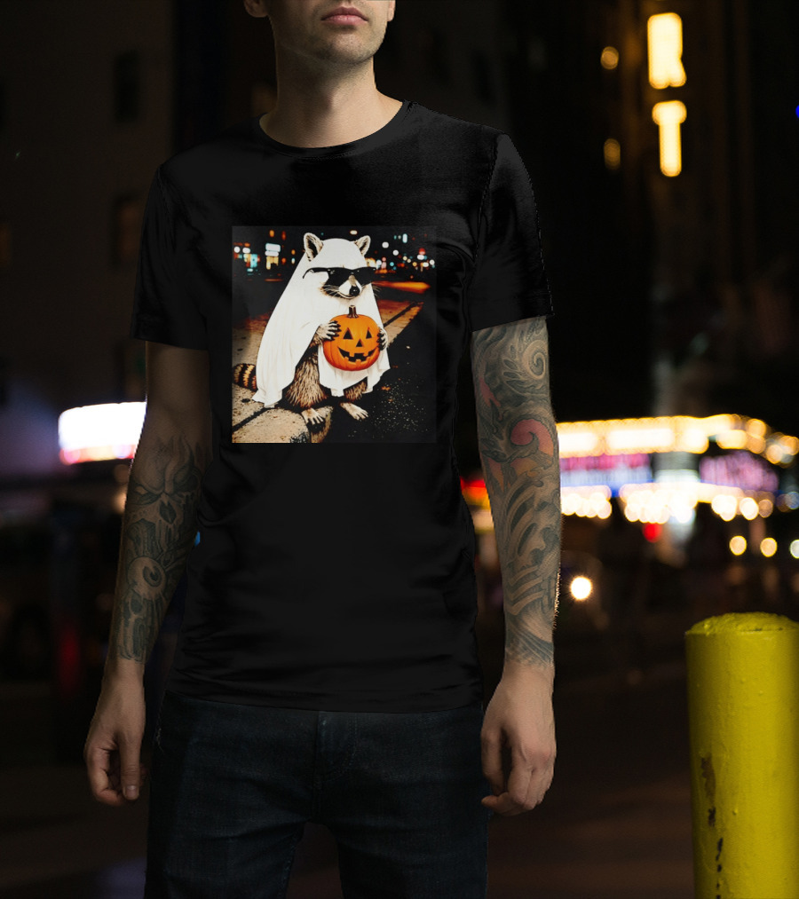 Raccoon Ghost Sunglasses Pumpkin Halloween Street Scene T-Shirt