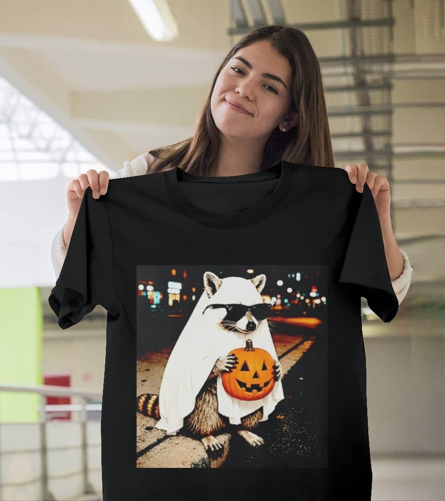 Raccoon Ghost Sunglasses Pumpkin Halloween Street Scene T-Shirt