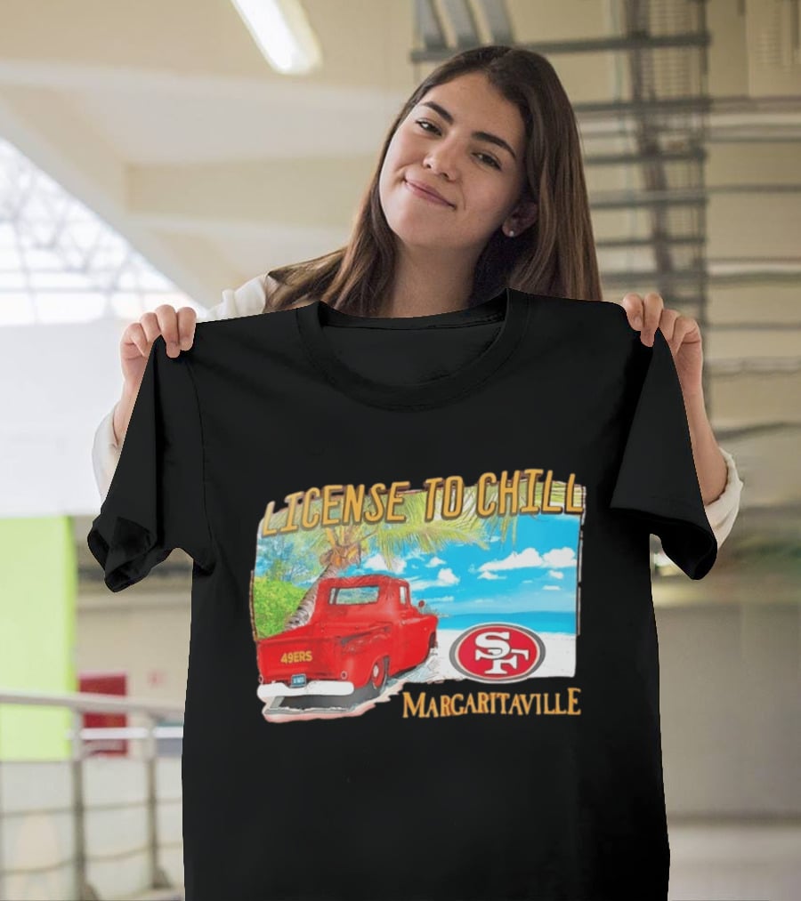 San Francisco 49ers License To Chill Margaritaville Beach Scene Vintage Truck T-Shirt