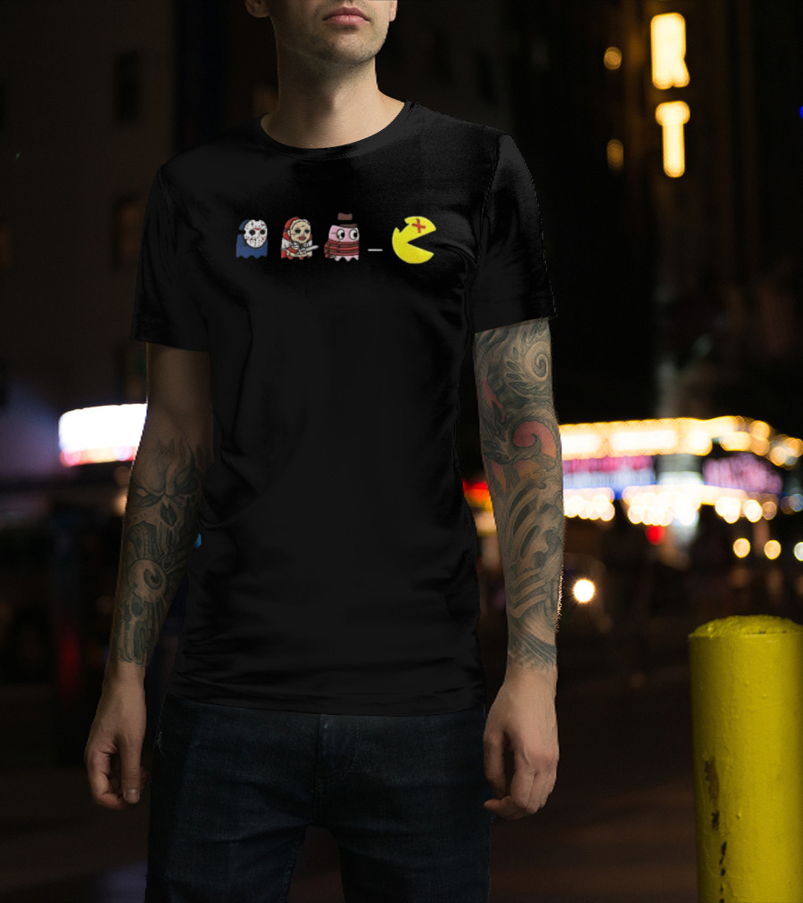 Horror Movie Ghosts Jason Freddy Chasing Stabbed Pac Man T-Shirt