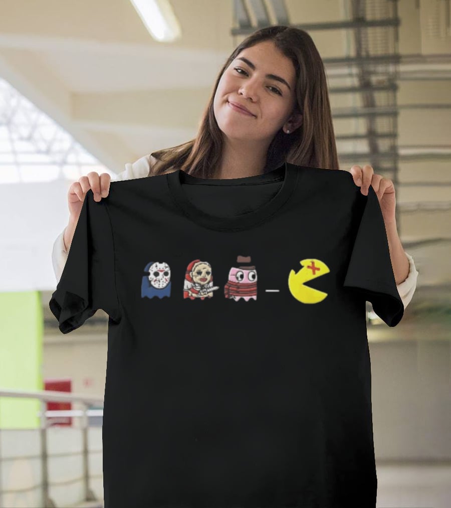 Horror Movie Ghosts Jason Freddy Chasing Stabbed Pac Man T-Shirt