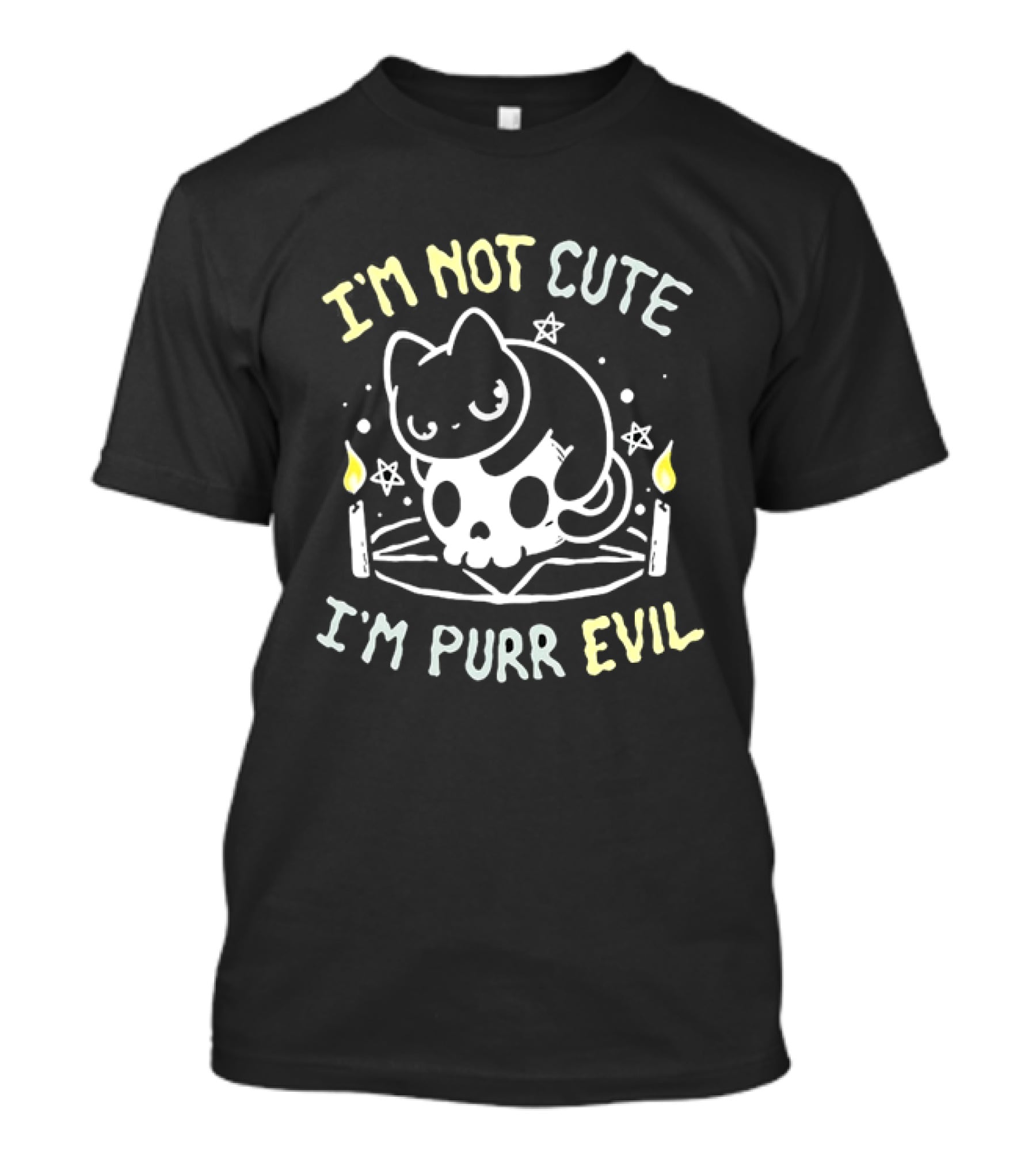 I'm Not Cute I'm Purr Evil Cat On Skull With Pentagram And Candles T-Shirt