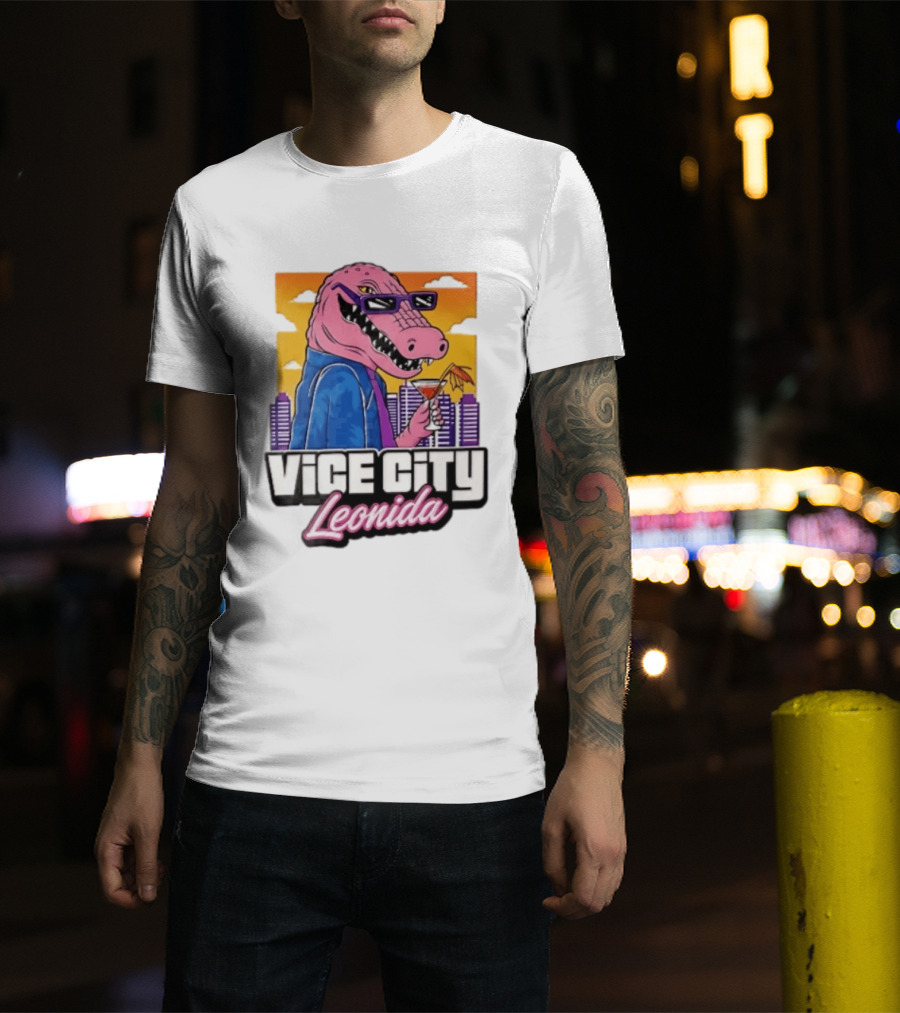 Vice City Leonida Pink Alligator Sunglasses Cocktail Cityscape T-Shirt