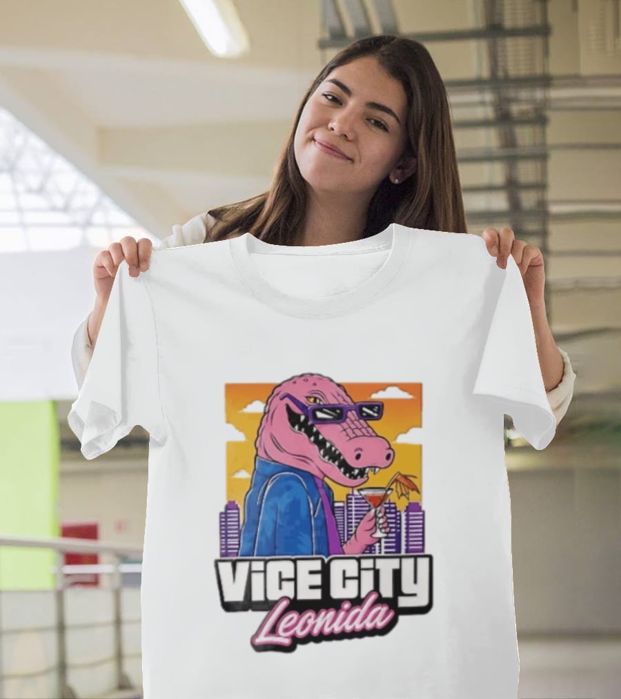 Vice City Leonida Pink Alligator Sunglasses Cocktail Cityscape T-Shirt