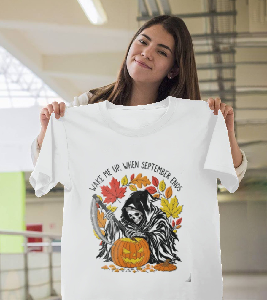 Wake Me Up When September Ends Grim Reaper Carving Jack O Lantern Autumn Leaves T-Shirt