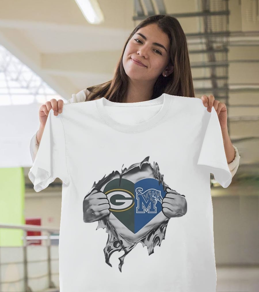 Green Bay Packers Memphis Tigers Heart Symbol Fusion T-Shirt
