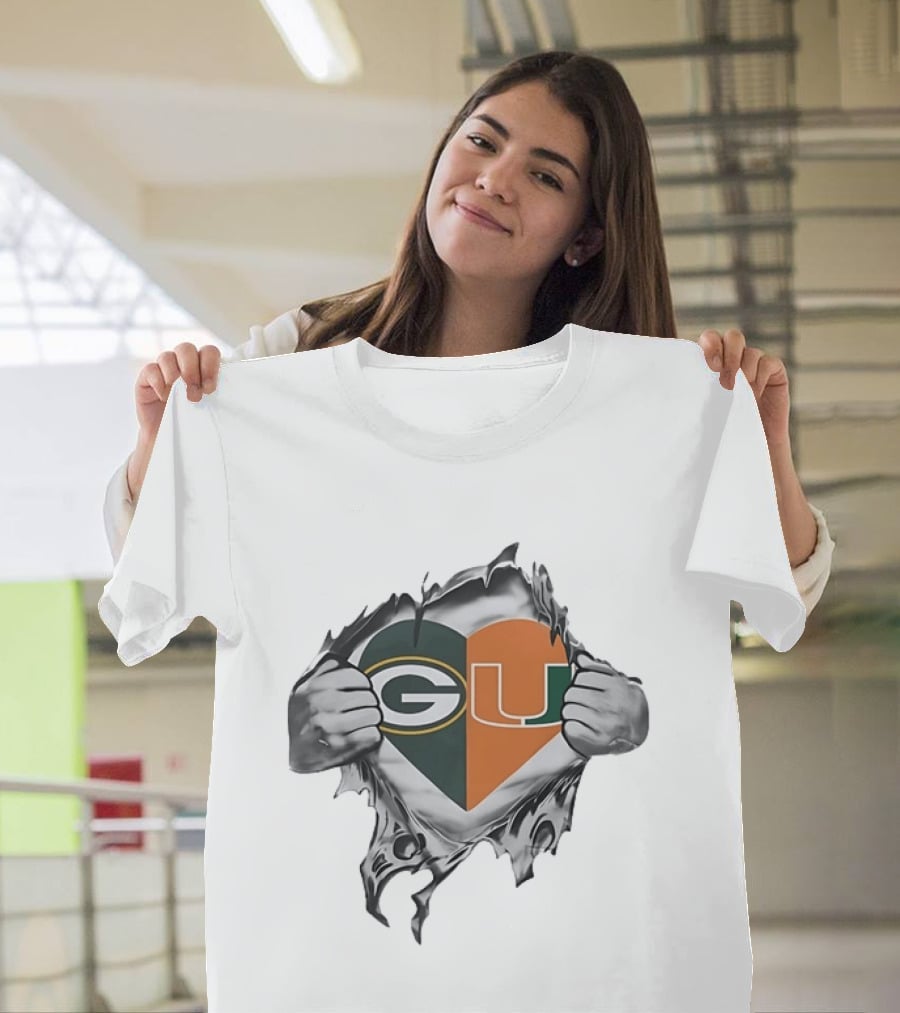 Green Bay Packers Miami Hurricanes Heart G U Logo Tear T-Shirt