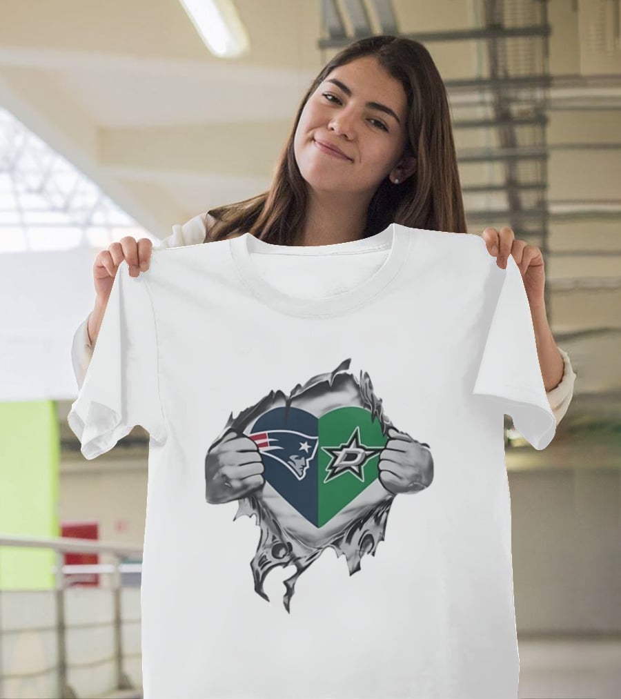 New England Patriots Dallas Stars Heart Split Design Fans T-Shirt