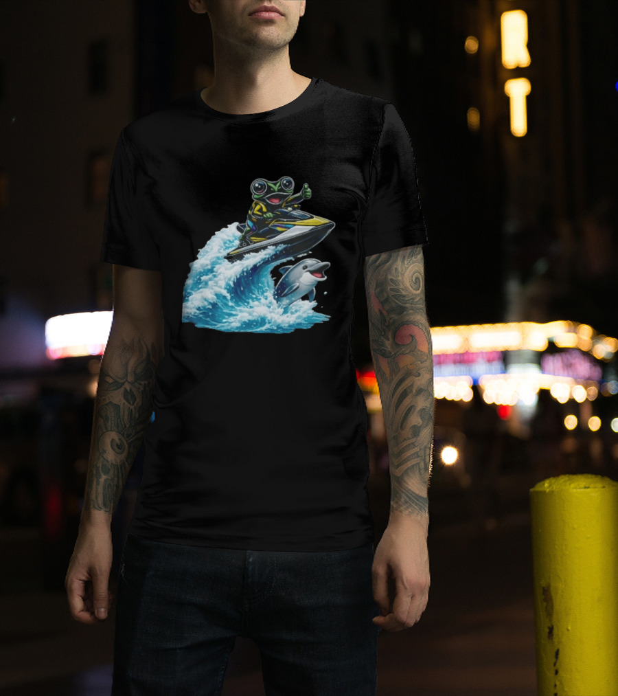 Cartoon Frog Thumbs Up Riding Jet Ski With Dolphin On Ocean Wave T-Shirt