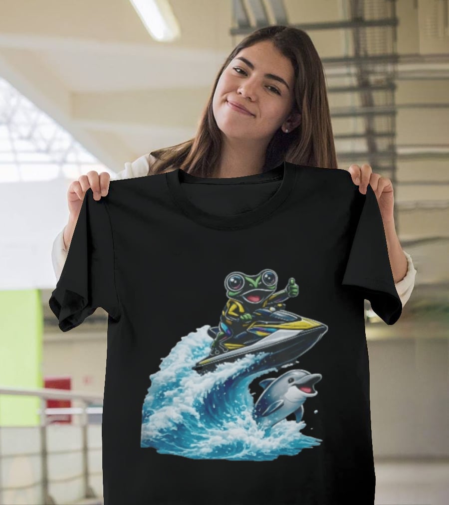Cartoon Frog Thumbs Up Riding Jet Ski With Dolphin On Ocean Wave T-Shirt