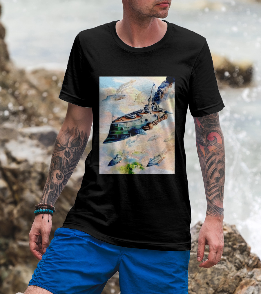 Steampunk Flying Battleship Armada Soaring Through The Clouds T-Shirt