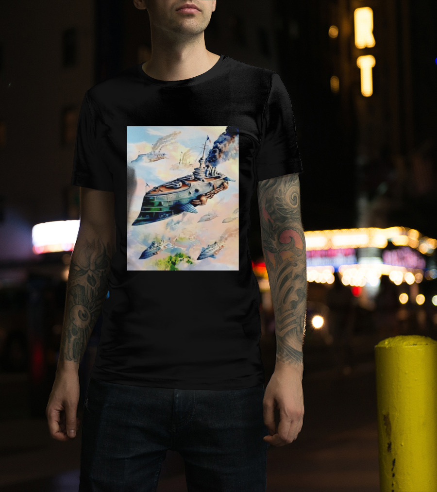 Steampunk Flying Battleship Armada Soaring Through The Clouds T-Shirt